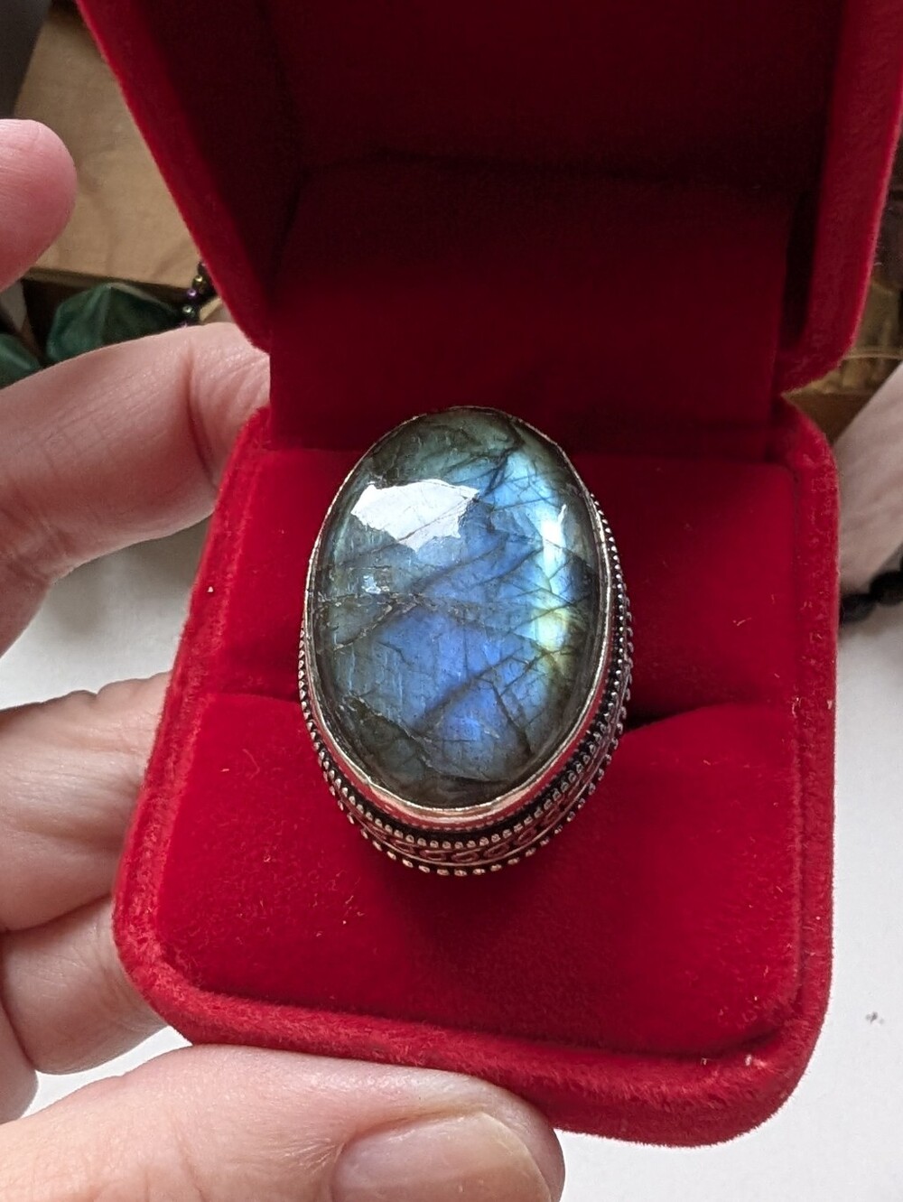 Vintage Sterling Silver Oval Labradorite Statement Ring Size 7.75